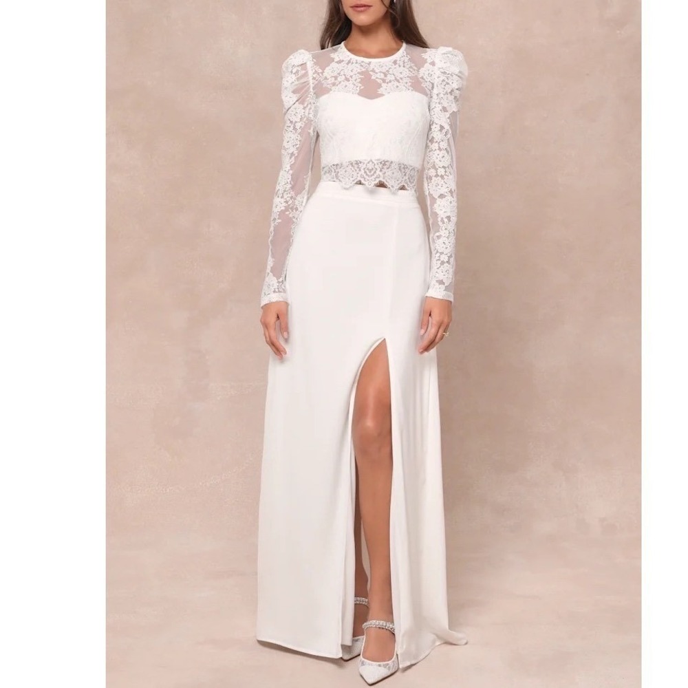 Lulus Heavenly Promise Two Piece Maxi Dress Women Small White Sheer Lace Detail